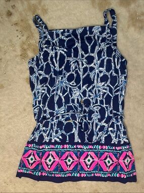 Lilly Pulitzer Navy, White & Pink Adley Belted Tunic Top